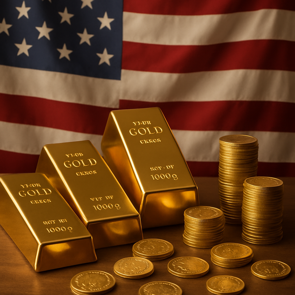 Gold bars and coins on a table with American Flag in the background-1