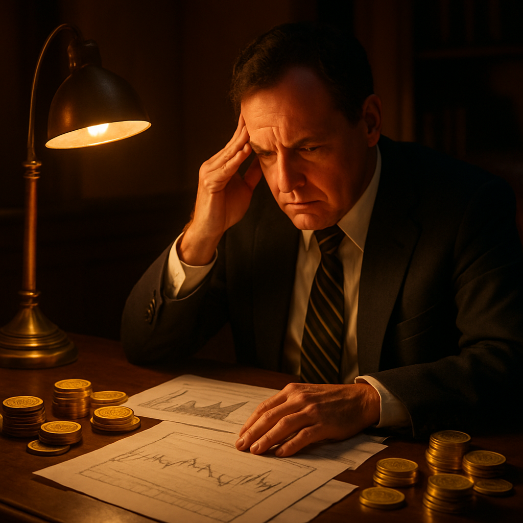 In a dimly lit office a concerned American investor sits at a polished mahogany desk surrounded by scattered financial documents and gleaming gold coi-1