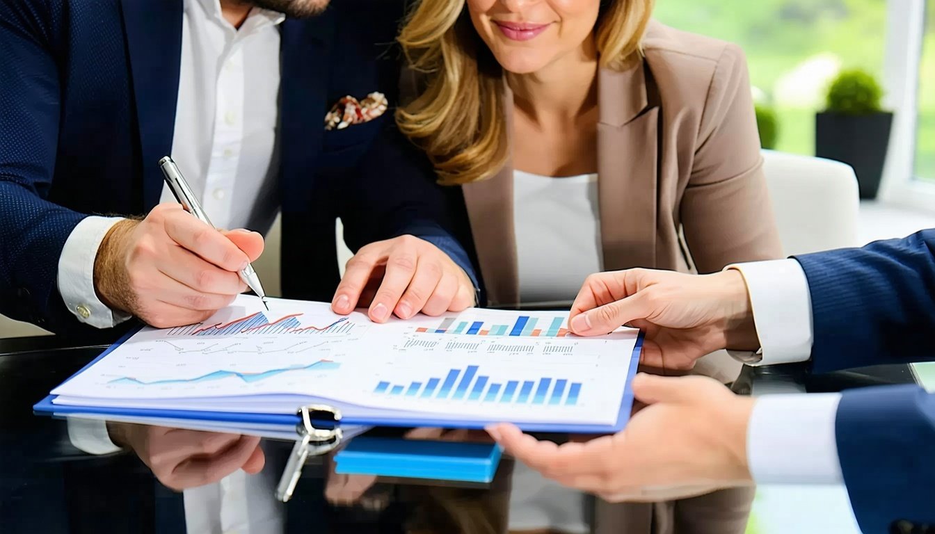 Confident couple reviewing a portfolio with a trusted advisor