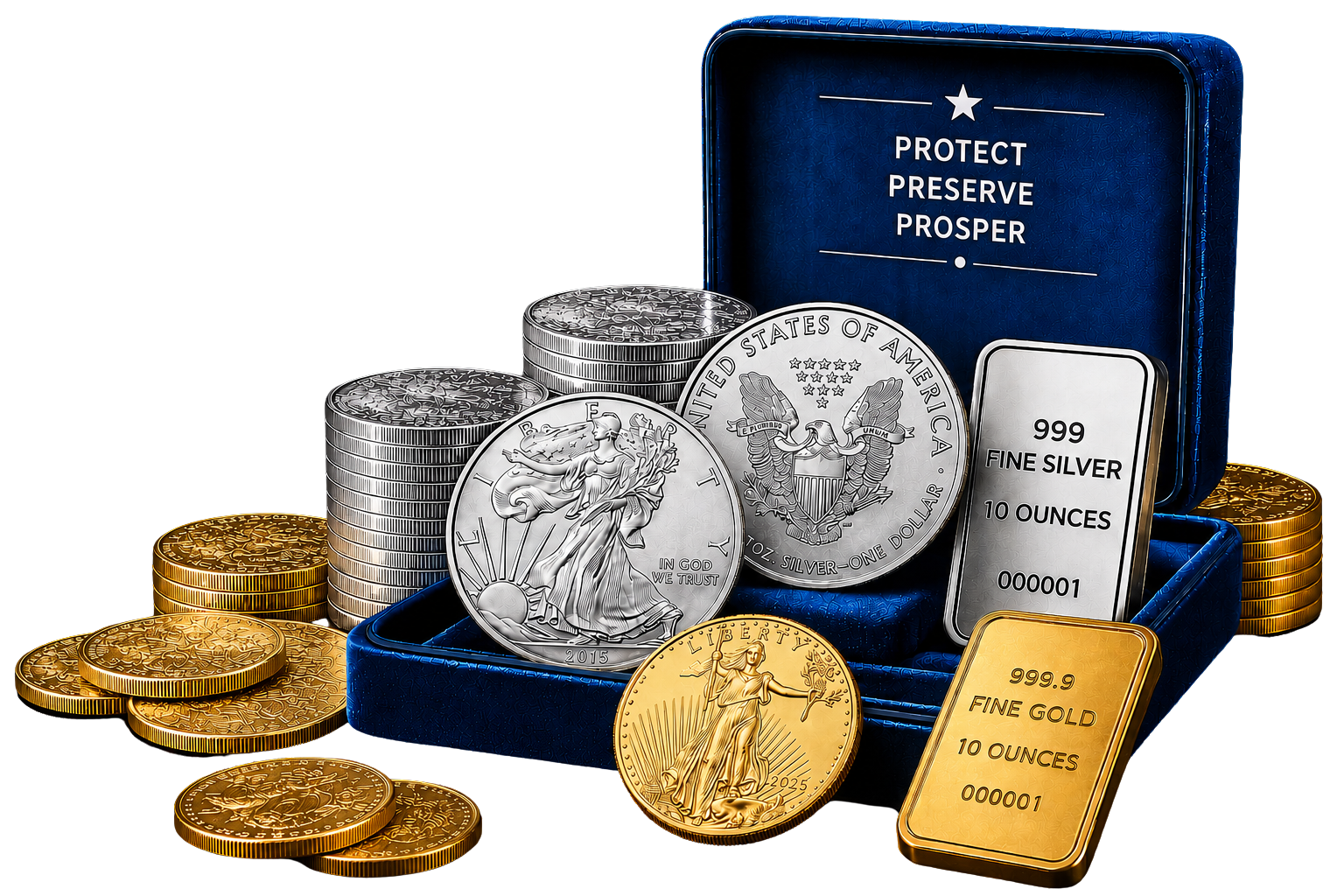 American Gold and Silver Eagle coins and bars in a presentation case