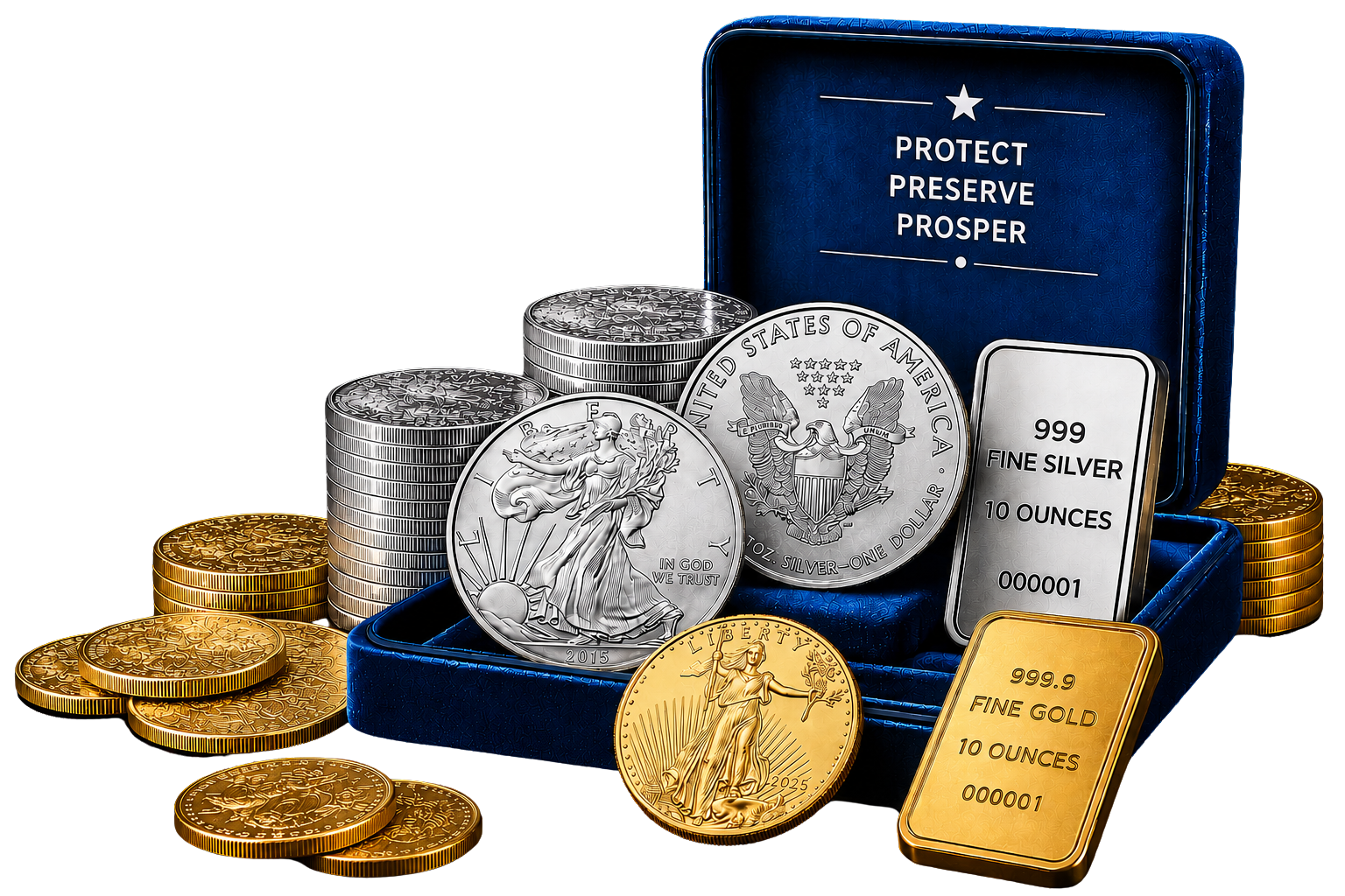 American Gold and Silver Eagle coins, gold and silver bars, and a Protect · Preserve · Prosper presentation case